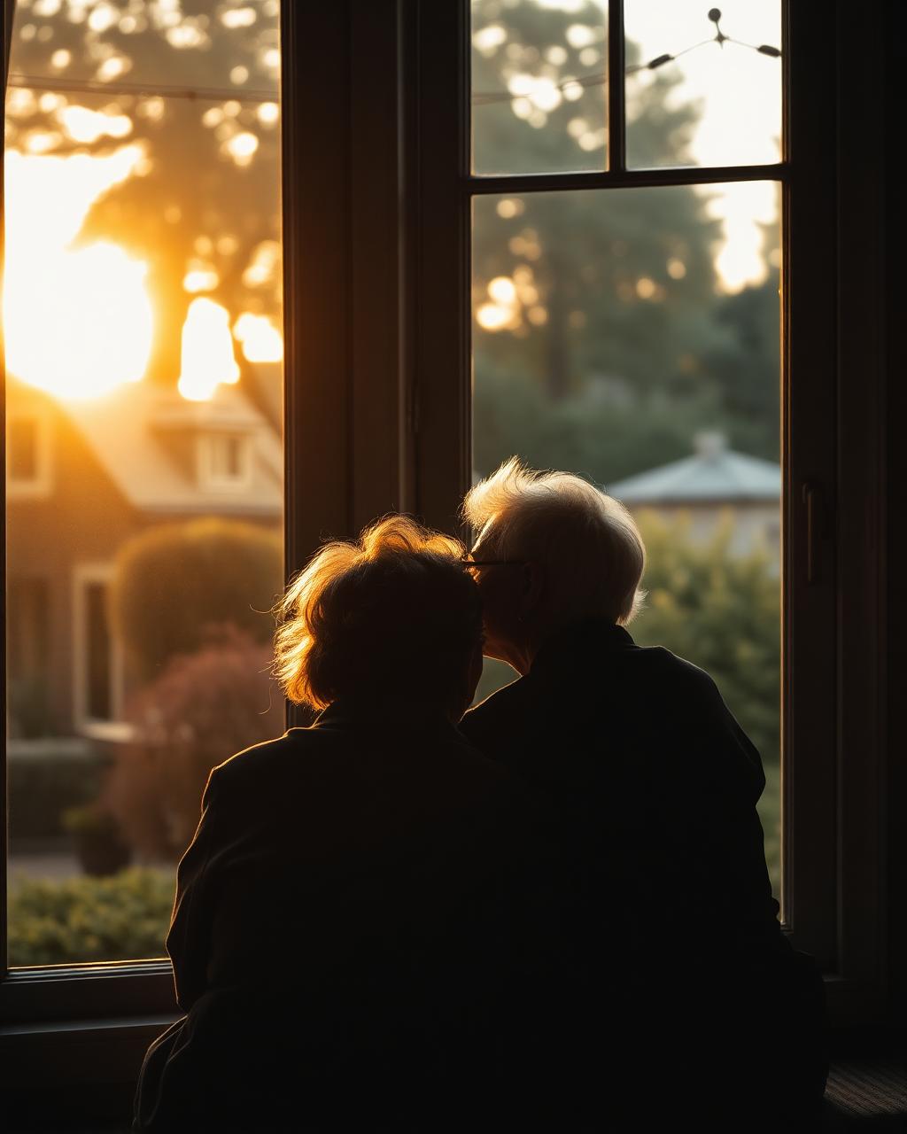 An older couple watching the sunset together by a window